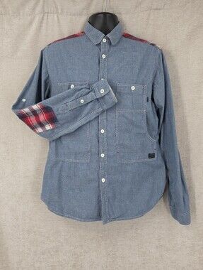 Vintage Denim Chambray Long Sleeve Button Up Shirt Flannel Elbows Utility Pocket